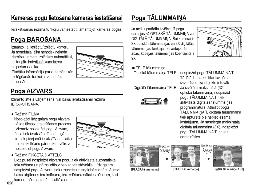 Samsung EC-PL51ZZBPBRU, EC-PL51ZZBPARU manual Poga Barošana, Poga Aizvars, Poga Tālummaiņa 