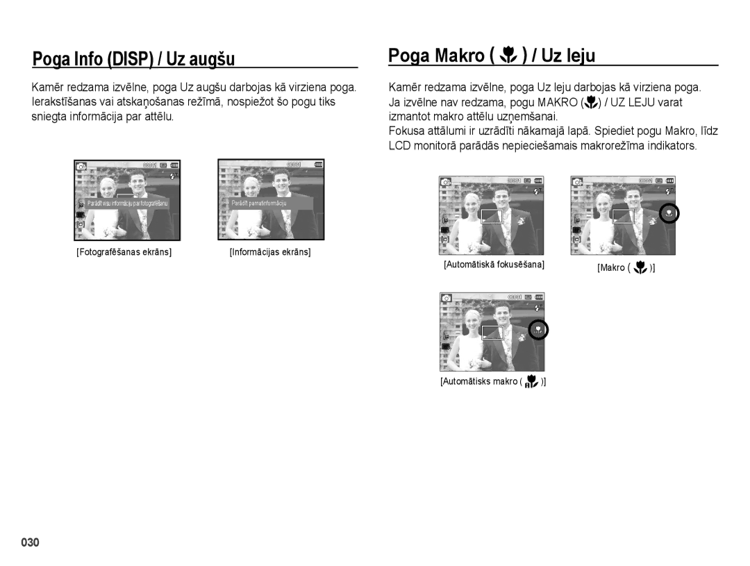 Samsung EC-PL51ZZBPBRU, EC-PL51ZZBPARU manual Poga Info Disp / Uz augšu, Poga Makro / Uz leju 