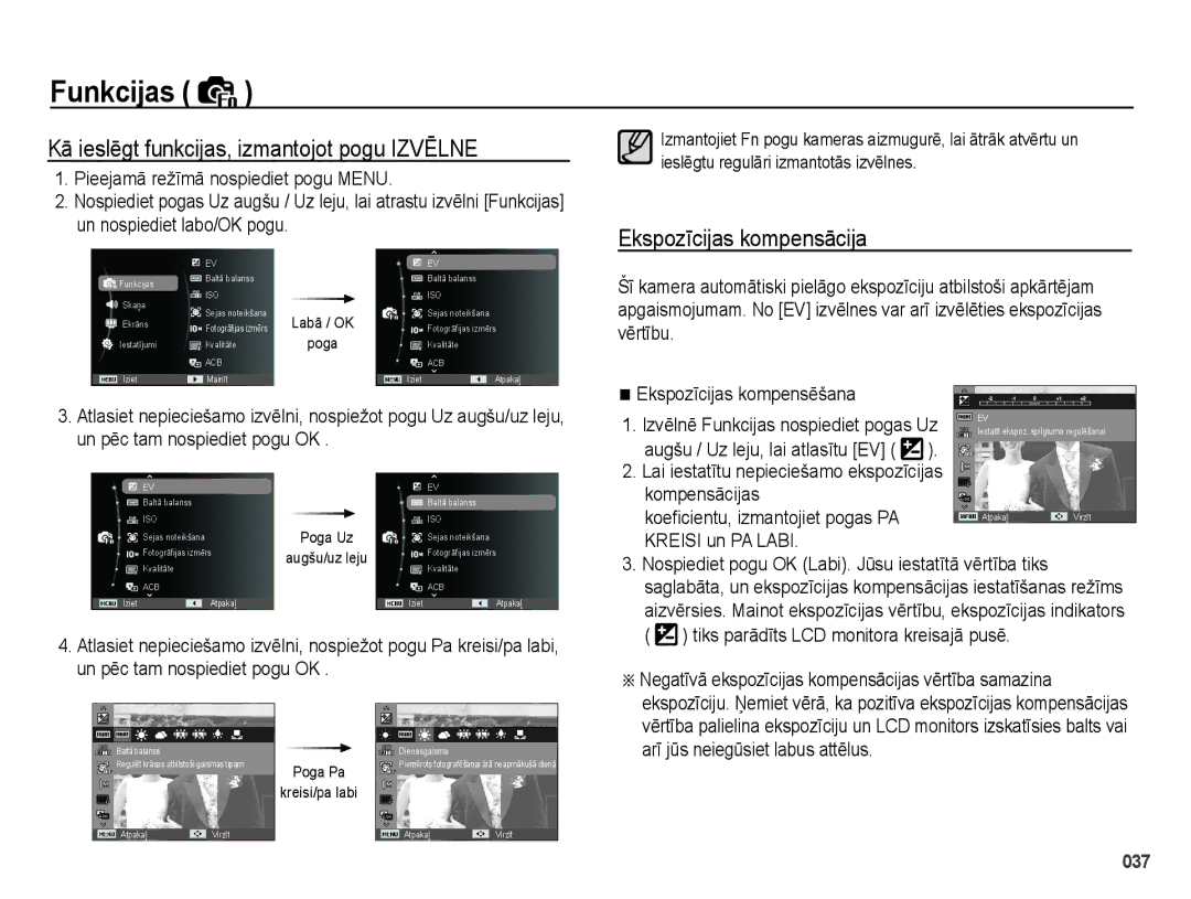 Samsung EC-PL51ZZBPARU manual Kā ieslēgt funkcijas, izmantojot pogu Izvēlne, Ekspozīcijas kompensācija, Kompensācijas 