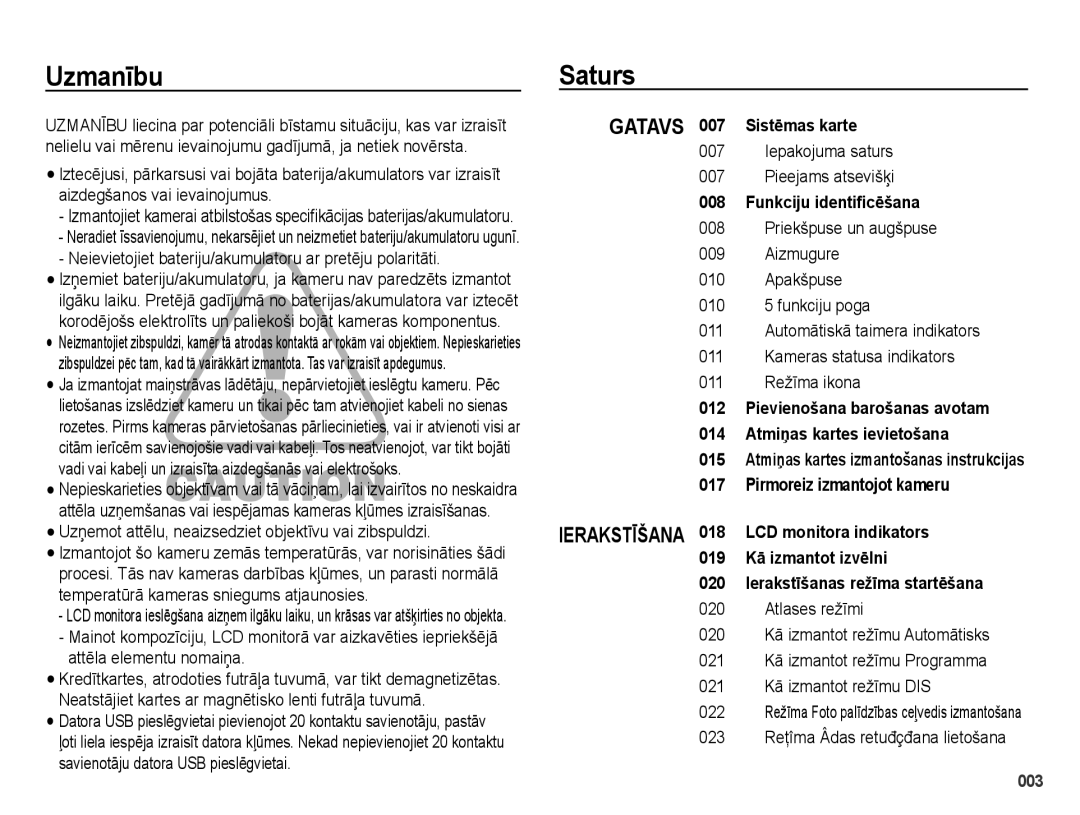 Samsung EC-PL51ZZBPARU, EC-PL51ZZBPBRU manual Uzmanību Saturs, Neievietojiet bateriju/akumulatoru ar pretēju polaritāti 