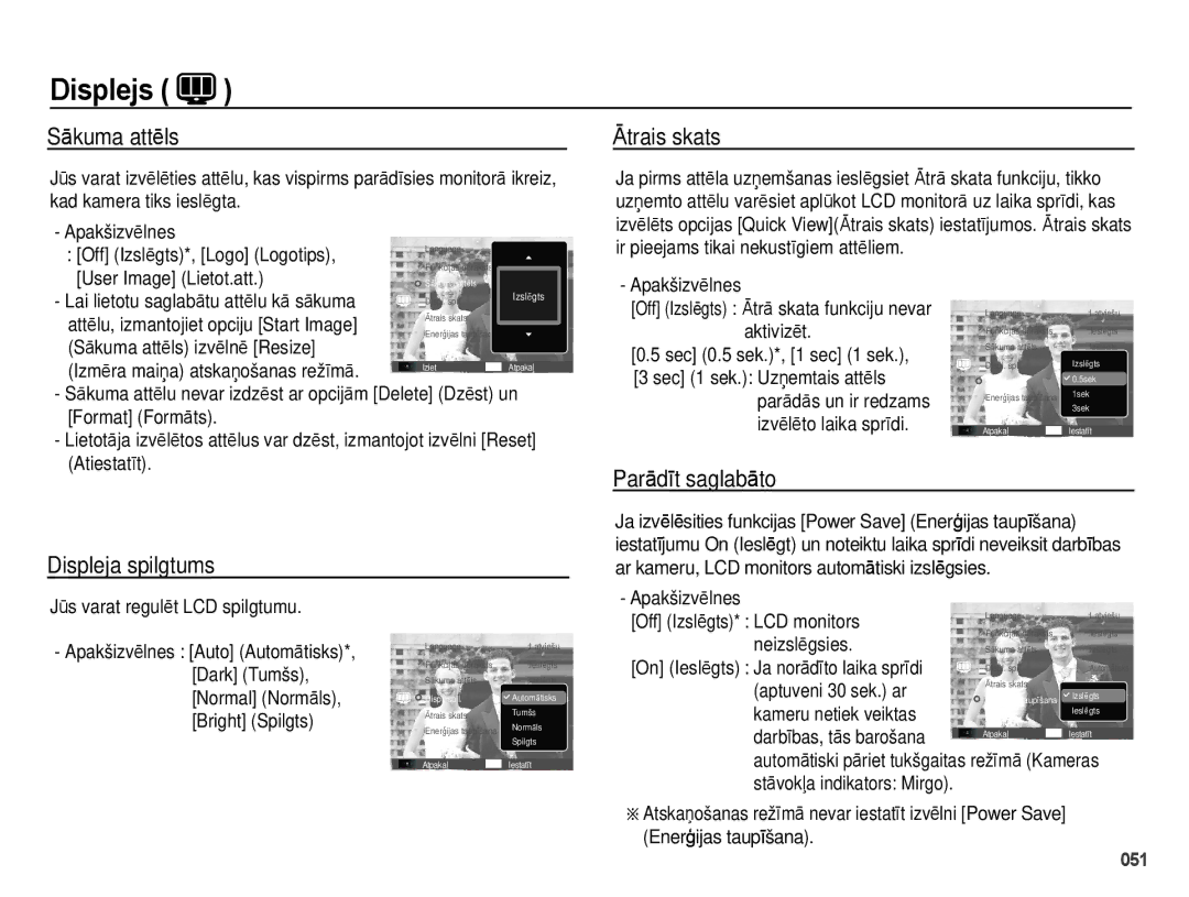 Samsung EC-PL51ZZBPARU, EC-PL51ZZBPBRU manual Sākuma attēls, Ātrais skats, Displeja spilgtums Parādīt saglabāto 