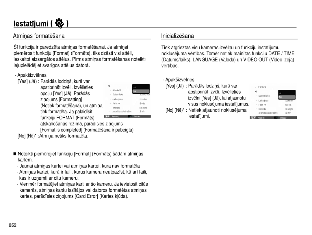 Samsung EC-PL51ZZBPBRU Iestatījumi, Atmiņas formatēšana, Inicializēšana, No Nē* Netiek atjaunoti noklusējuma iestatījumi 