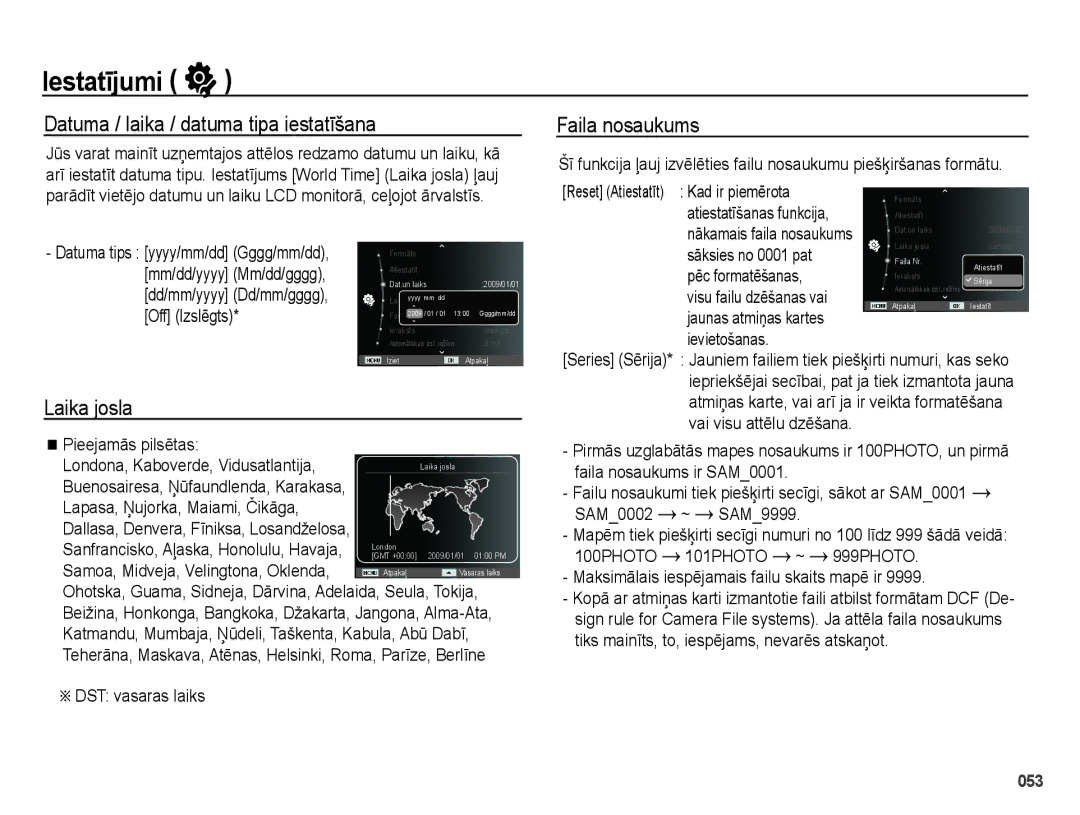 Samsung EC-PL51ZZBPARU manual Datuma / laika / datuma tipa iestatīšana, Laika josla, Faila nosaukums, DST vasaras laiks 