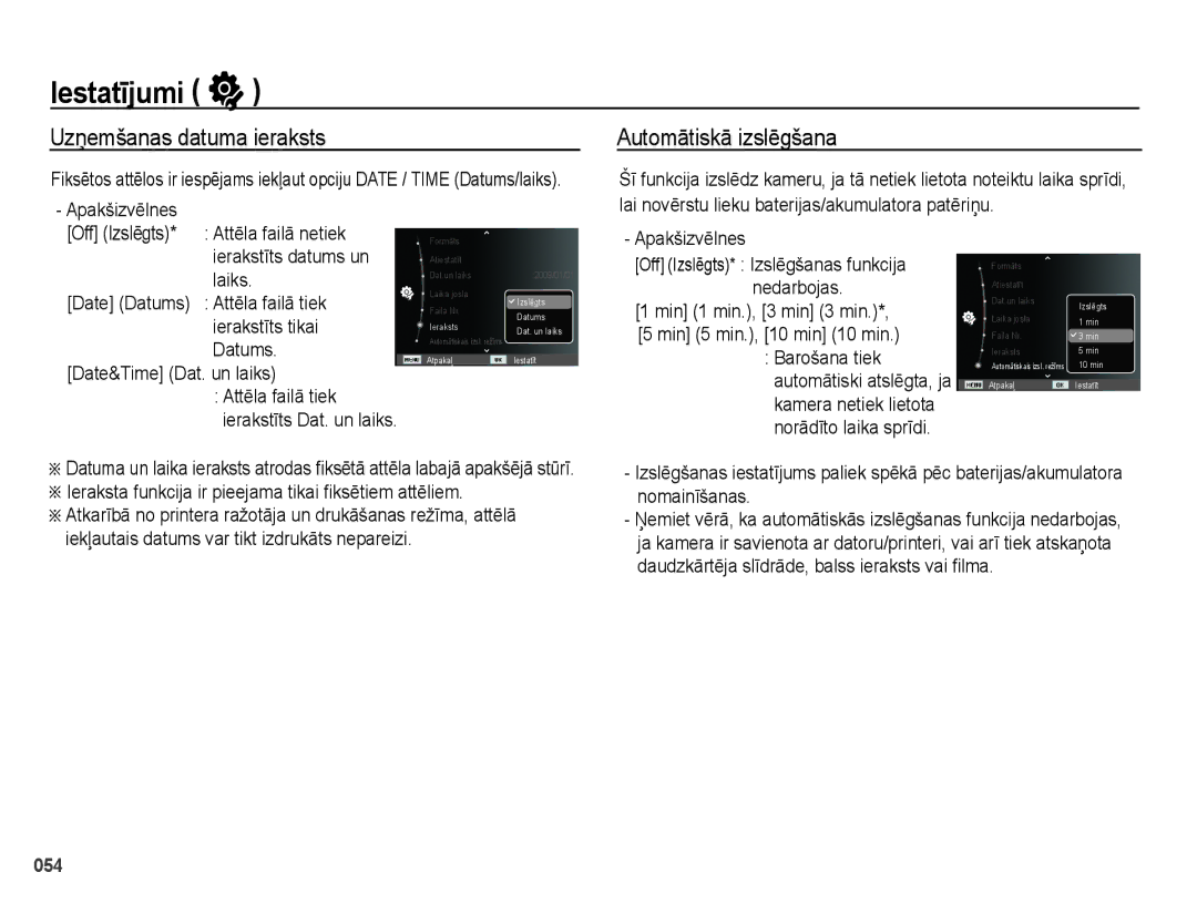 Samsung EC-PL51ZZBPBRU, EC-PL51ZZBPARU manual Uzņemšanas datuma ieraksts, Automātiskā izslēgšana 