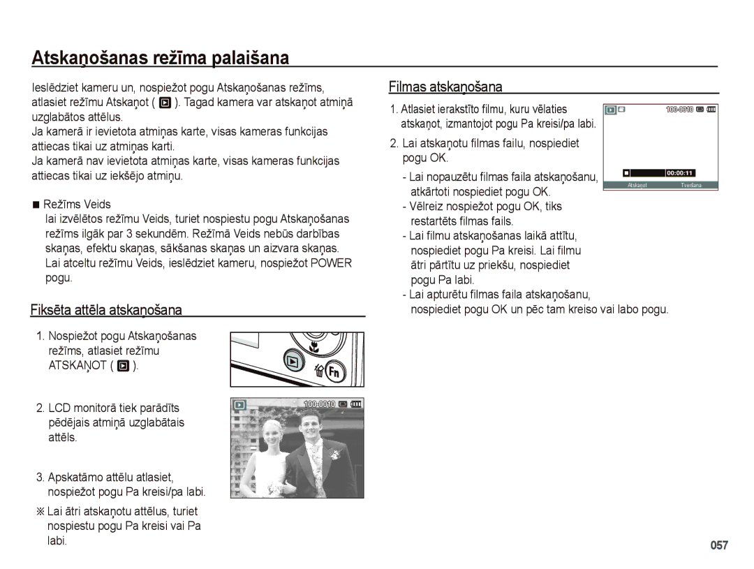 Samsung EC-PL51ZZBPARU, EC-PL51ZZBPBRU manual Atskaņošanas režīma palaišana, Fiksēta attēla atskaņošana, Filmas atskaņošana 