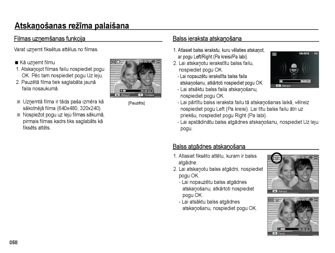 Samsung EC-PL51ZZBPBRU, EC-PL51ZZBPARU Filmas uzņemšanas funkcija, Balss ieraksta atskaņošana, Balss atgādnes atskaņošana 