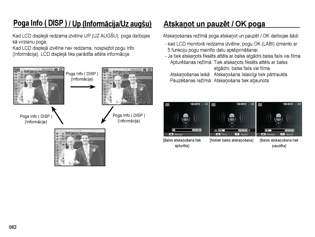 Samsung EC-PL51ZZBPBRU, EC-PL51ZZBPARU manual Atskaņot un pauzēt / OK poga, Poga Info Disp Informācija 