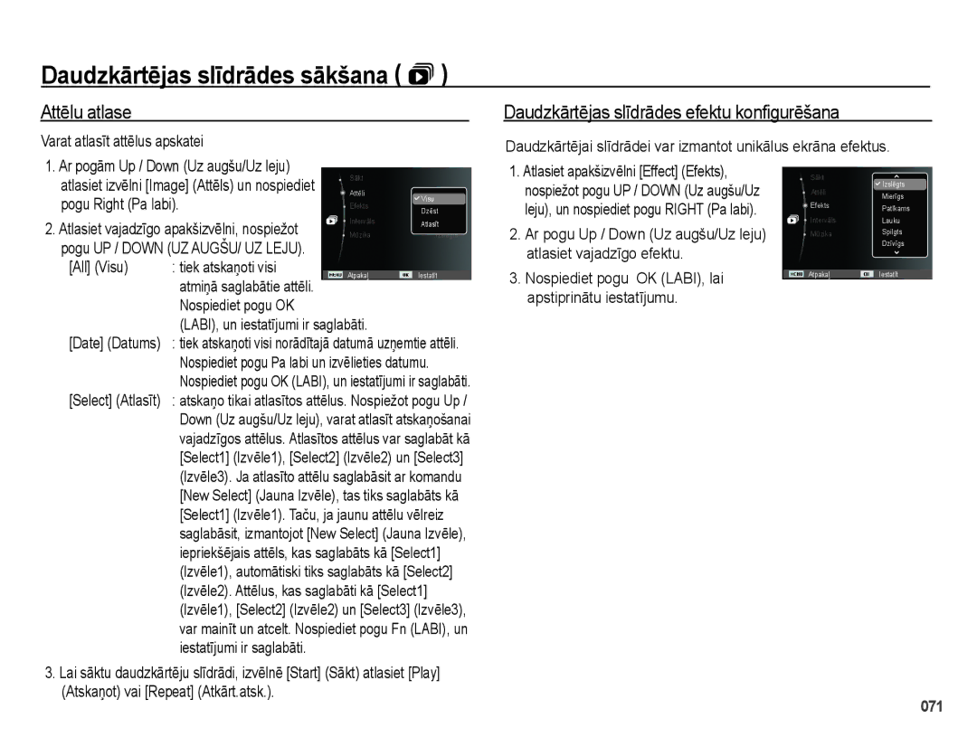 Samsung EC-PL51ZZBPARU manual Attēlu atlase, Daudzkārtējas slīdrādes efektu konfigurēšana, Varat atlasīt attēlus apskatei 