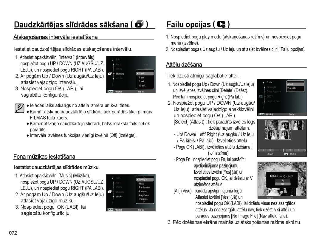 Samsung EC-PL51ZZBPBRU manual Failu opcijas, Atskaņošanas intervāla iestatīšana, Attēlu dzēšana, Fona mūzikas iestatīšana 