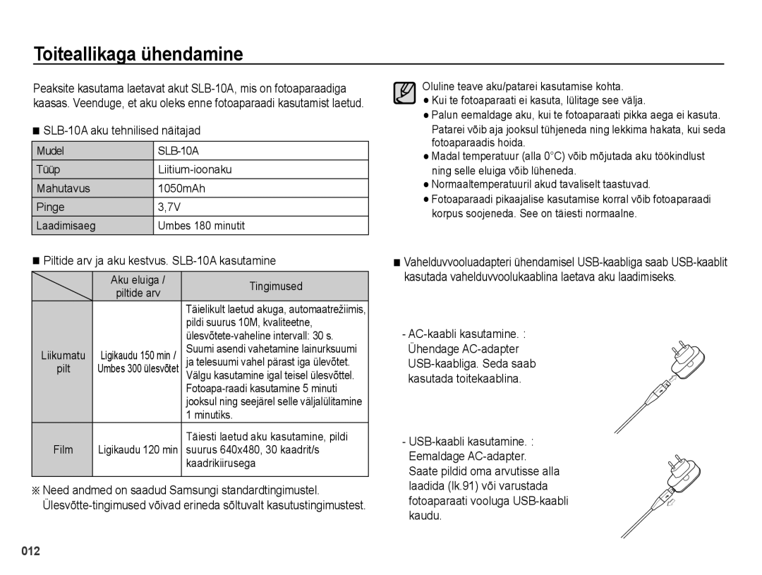 Samsung EC-PL51ZZBPBRU, EC-PL51ZZBPARU manual Toiteallikaga ühendamine, SLB-10A aku tehnilised näitajad 