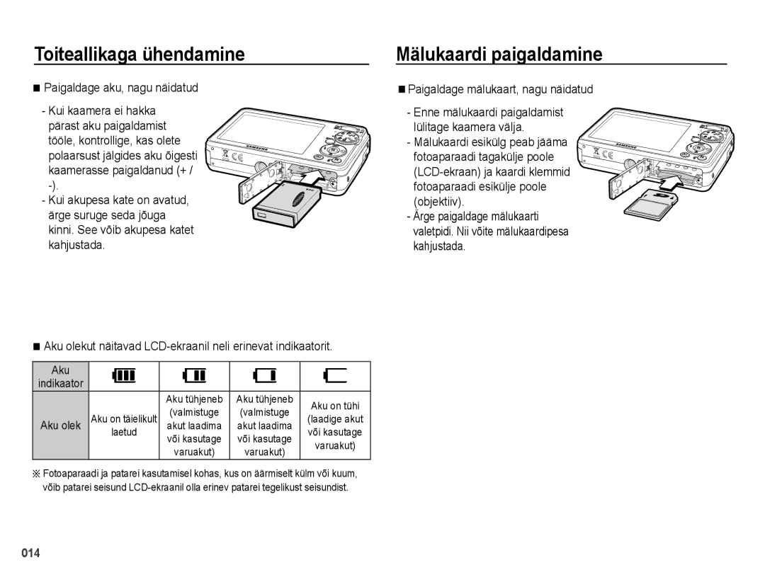 Samsung EC-PL51ZZBPBRU, EC-PL51ZZBPARU manual Mälukaardi paigaldamine, Paigaldage mälukaart, nagu näidatud, Aku 