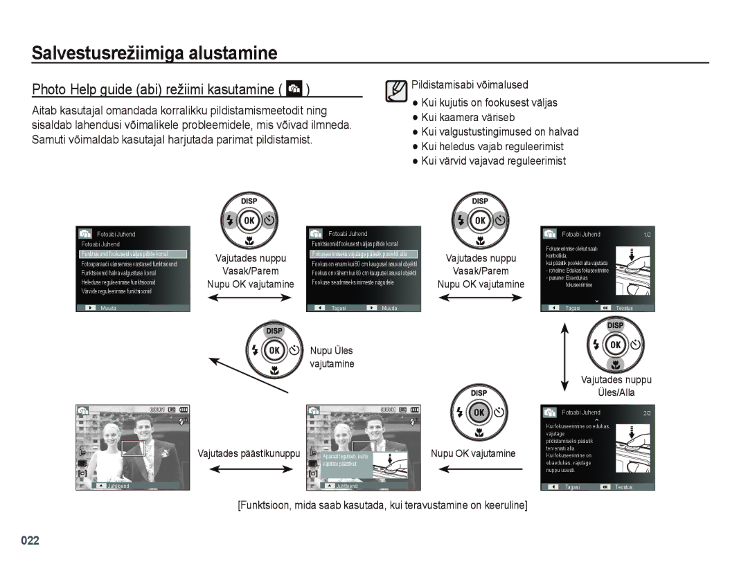 Samsung EC-PL51ZZBPBRU Photo Help guide abi režiimi kasutamine, Vajutades nuppu Vasak/Parem, Vajutades nuppu Üles/Alla 