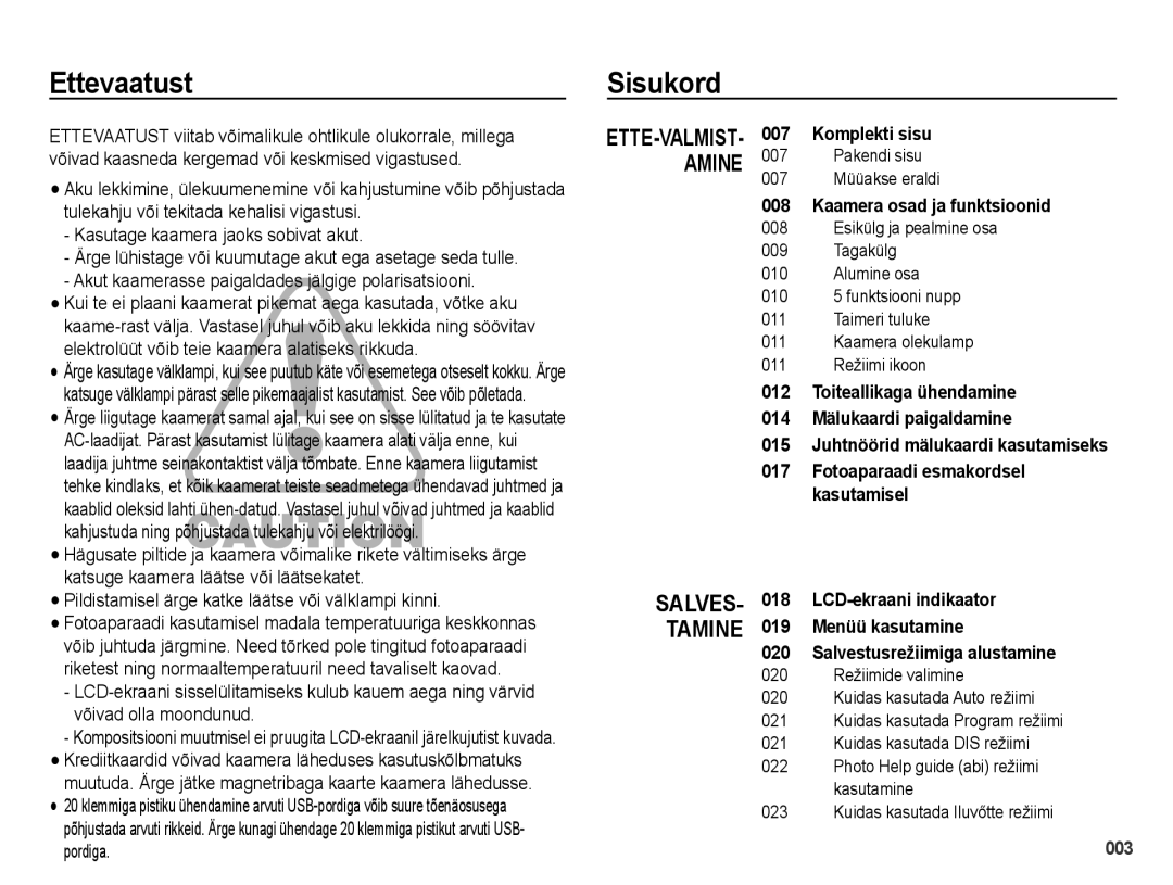 Samsung EC-PL51ZZBPARU, EC-PL51ZZBPBRU manual Ettevaatust Sisukord, Pakendi sisu 007 Müüakse eraldi 