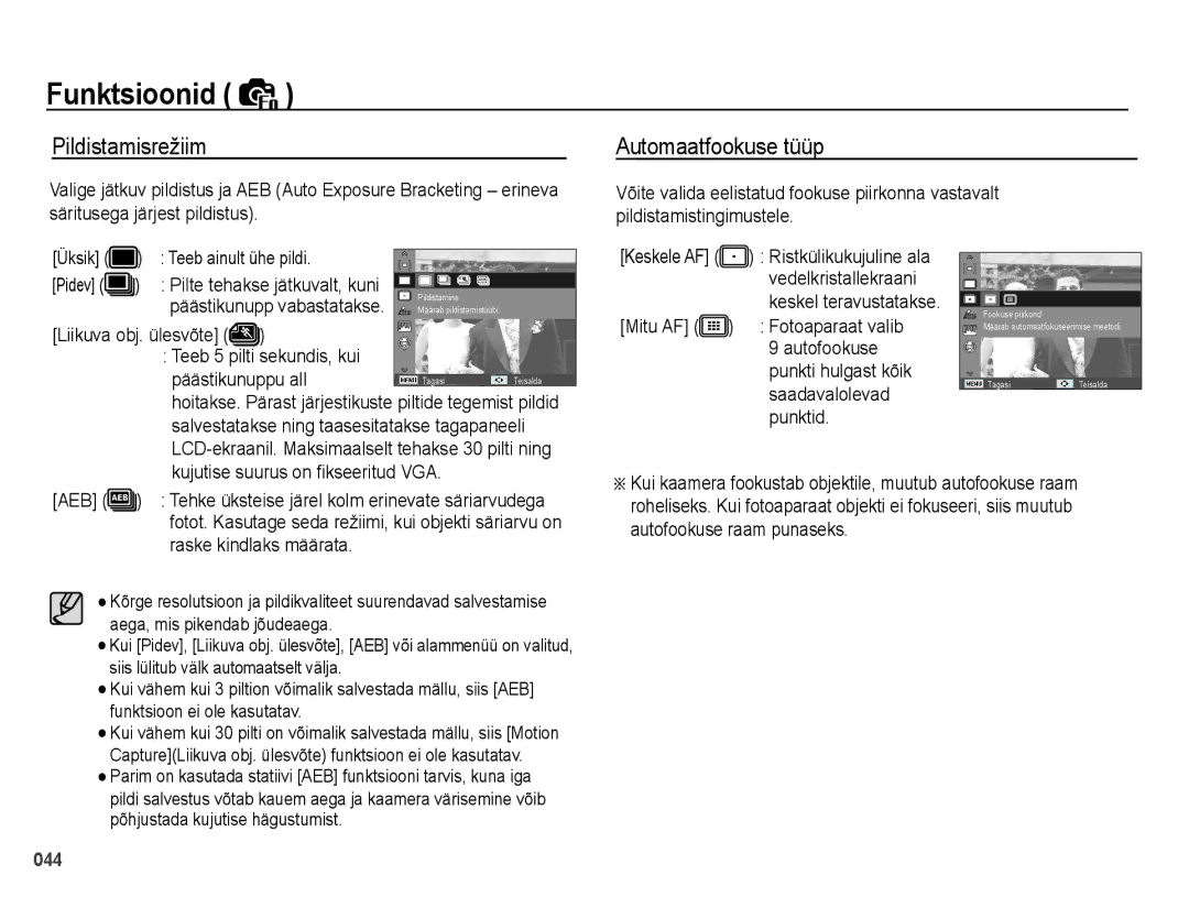 Samsung EC-PL51ZZBPBRU, EC-PL51ZZBPARU manual Pildistamisrežiim, Automaatfookuse tüüp 