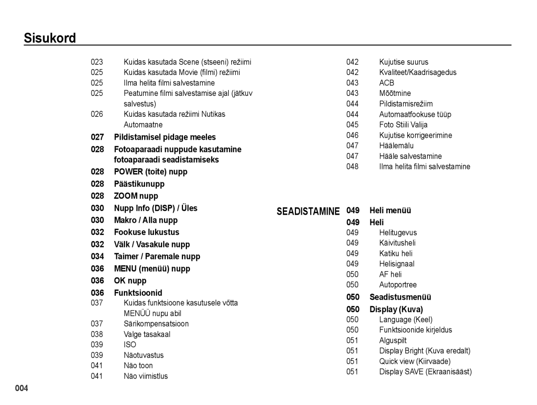 Samsung EC-PL51ZZBPBRU manual Kujutise korrigeerimine, 047 Häälemälu Hääle salvestamine, 048, Helitugevus, 049 Käivitusheli 