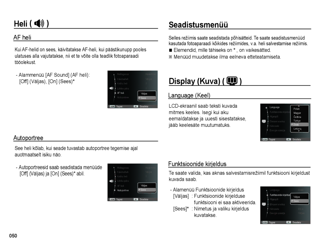 Samsung EC-PL51ZZBPBRU, EC-PL51ZZBPARU manual Seadistusmenüü, Display Kuva 