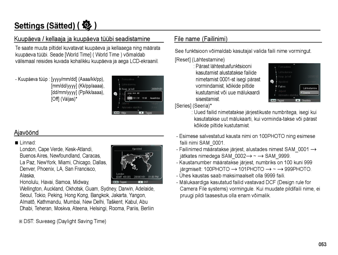 Samsung EC-PL51ZZBPARU, EC-PL51ZZBPBRU Kuupäeva / kellaaja ja kuupäeva tüübi seadistamine, Ajavöönd, File name Failinimi 