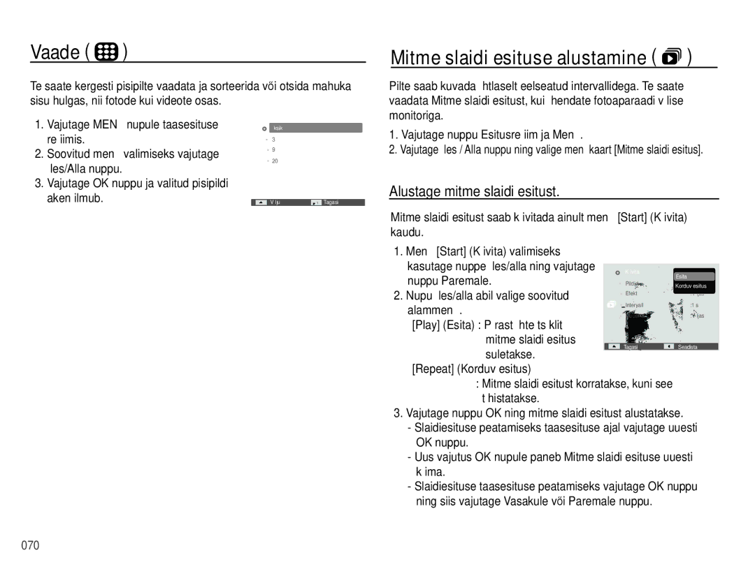 Samsung EC-PL51ZZBPBRU, EC-PL51ZZBPARU manual Vaade, Mitme slaidi esituse alustamine , Alustage mitme slaidi esitust 