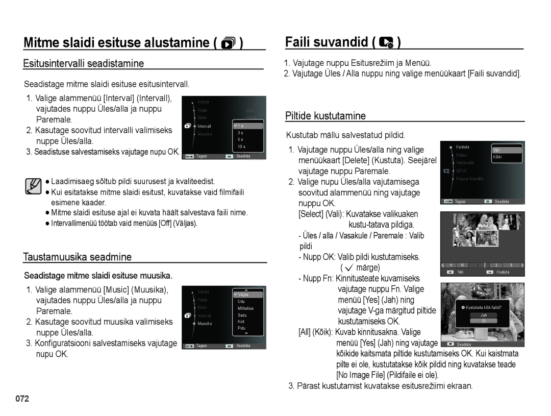 Samsung EC-PL51ZZBPBRU manual Faili suvandid, Esitusintervalli seadistamine, Piltide kustutamine, Taustamuusika seadmine 