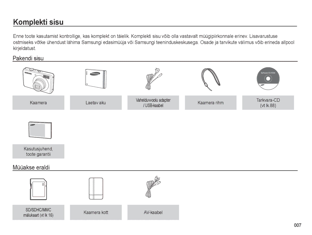 Samsung EC-PL51ZZBPARU, EC-PL51ZZBPBRU manual Komplekti sisu, Pakendi sisu, Müüakse eraldi 