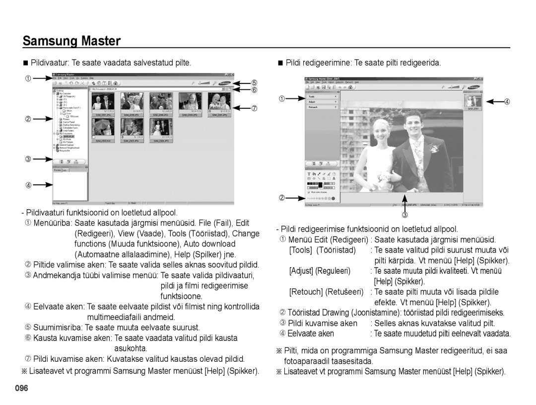 Samsung EC-PL51ZZBPBRU manual Adjust Reguleeri, Efekte. Vt menüü Help Spikker, Pildi kuvamise aken, Eelvaate aken 