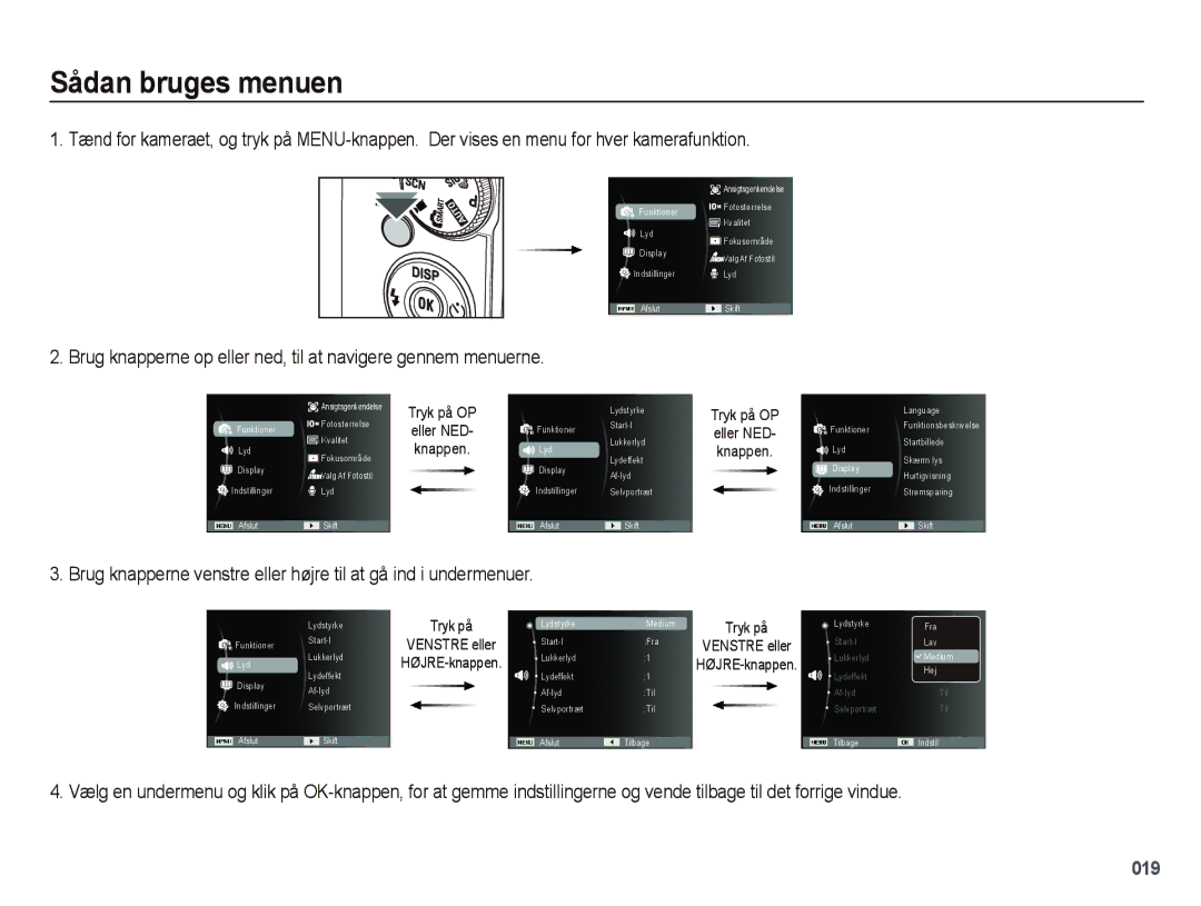 Samsung EC-PL51ZZBPBE2, EC-PL51ZZBPNE2 Sådan bruges menuen, Brug knapperne op eller ned, til at navigere gennem menuerne 