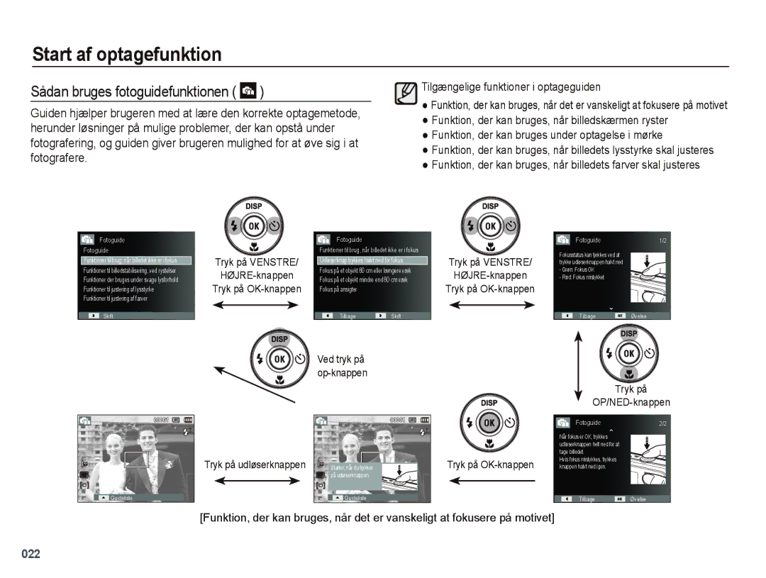 Samsung EC-PL51ZZBPAE2 Sådan bruges fotoguidefunktionen, Tilgængelige funktioner i optageguiden, Tryk på OP/NED-knappen 