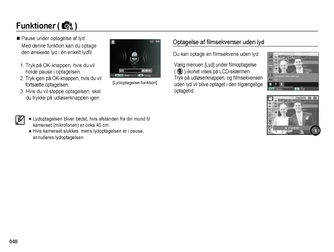 Samsung EC-PL51ZZBPNE2, EC-PL51ZZBPBE2 manual Den ønskede lyd i én enkelt lydﬁl, Du kan optage en ﬁlmsekvens uden lyd 