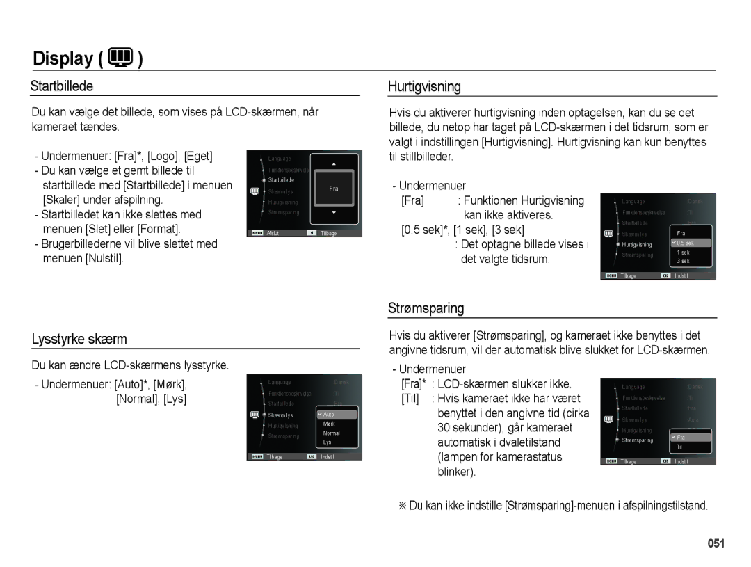 Samsung EC-PL51ZZBPBE2, EC-PL51ZZBPNE2, EC-PL51ZZBPRE2 manual Startbillede, Hurtigvisning, Strømsparing Lysstyrke skærm 