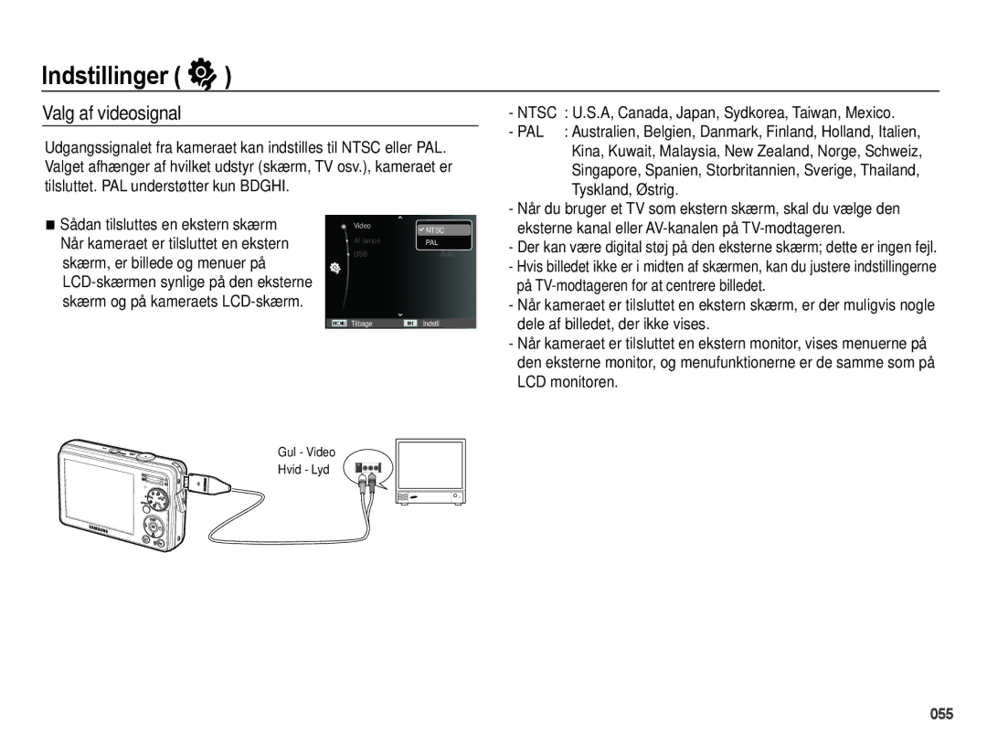 Samsung EC-PL51ZZBPBE2, EC-PL51ZZBPNE2 manual Valg af videosignal, Ntsc U.S.A, Canada, Japan, Sydkorea, Taiwan, Mexico 