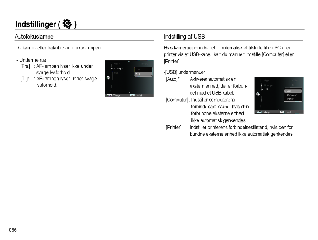 Samsung EC-PL51ZZBPNE2 manual Autofokuslampe Indstilling af USB, Ekstern enhed, der er forbun, Det med et USB kabel 