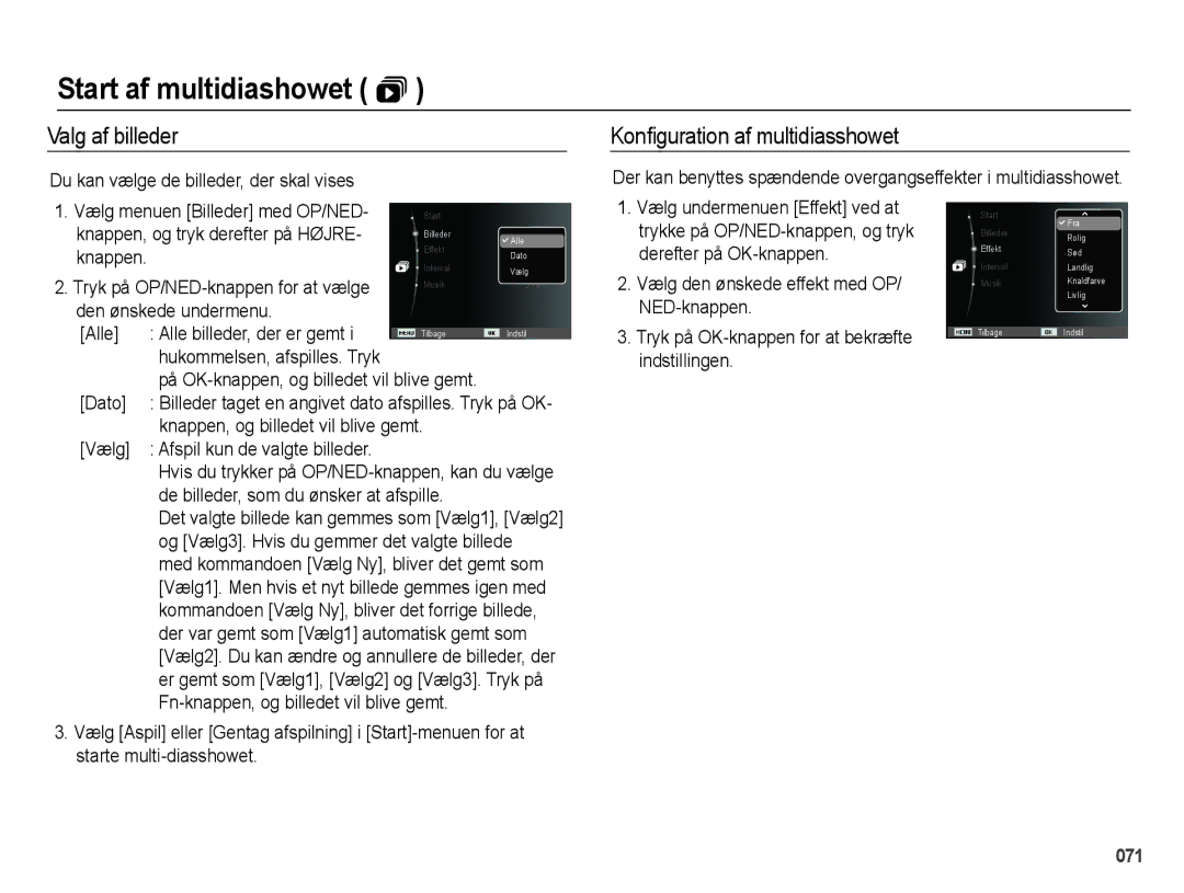 Samsung EC-PL51ZZBPBE2, EC-PL51ZZBPNE2 manual Valg af billeder, Konﬁguration af multidiasshowet, Den ønskede undermenu Alle 