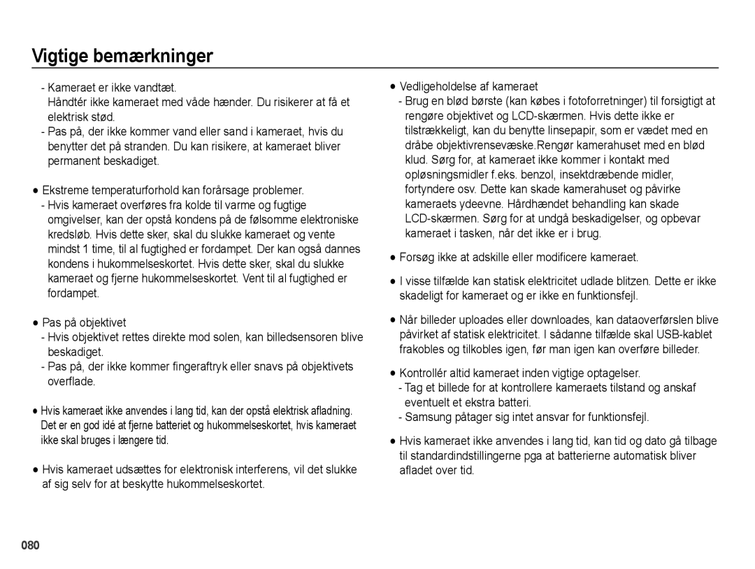 Samsung EC-PL51ZZBPNE2, EC-PL51ZZBPBE2, EC-PL51ZZBPRE2 manual Forsøg ikke at adskille eller modificere kameraet, 080 