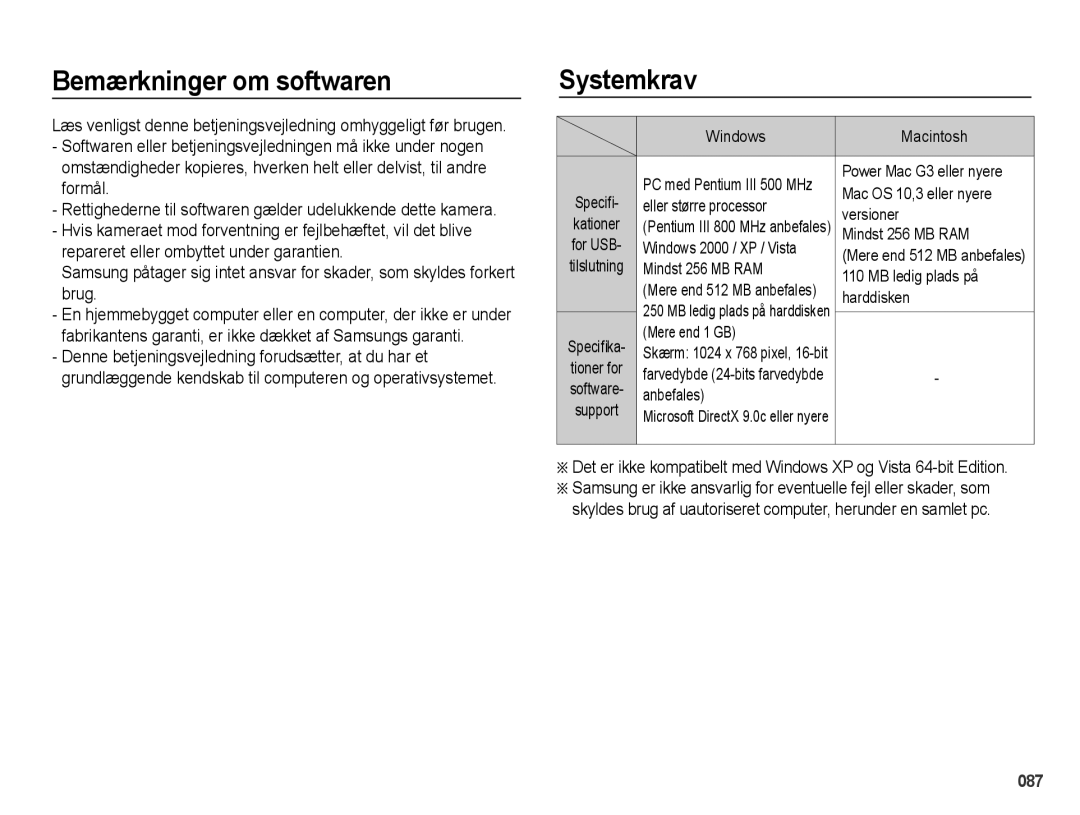 Samsung EC-PL51ZZBPBE2, EC-PL51ZZBPNE2, EC-PL51ZZBPRE2, EC-PL51ZZBPAE2 manual Bemærkninger om softwaren, Systemkrav 