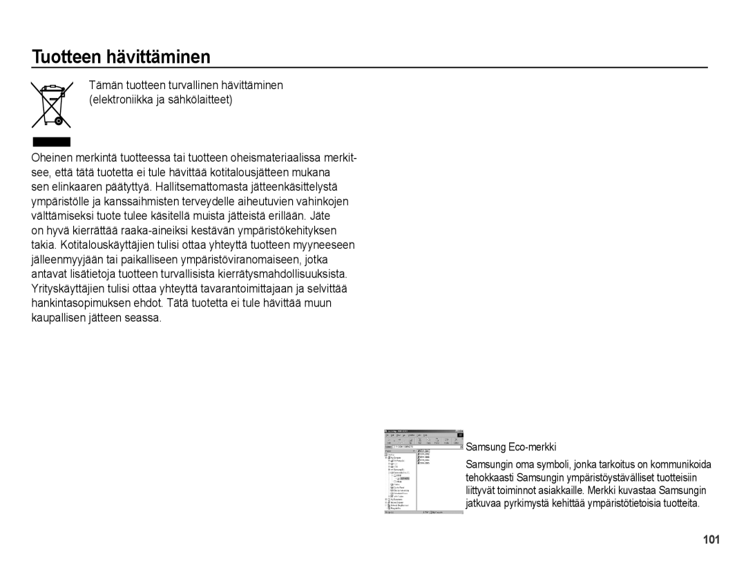 Samsung EC-PL51ZZBPRE2, EC-PL51ZZBPBE2, EC-PL51ZZBPNE2, EC-PL51ZZBPAE2 manual Tuotteen hävittäminen, Samsung Eco-merkki 