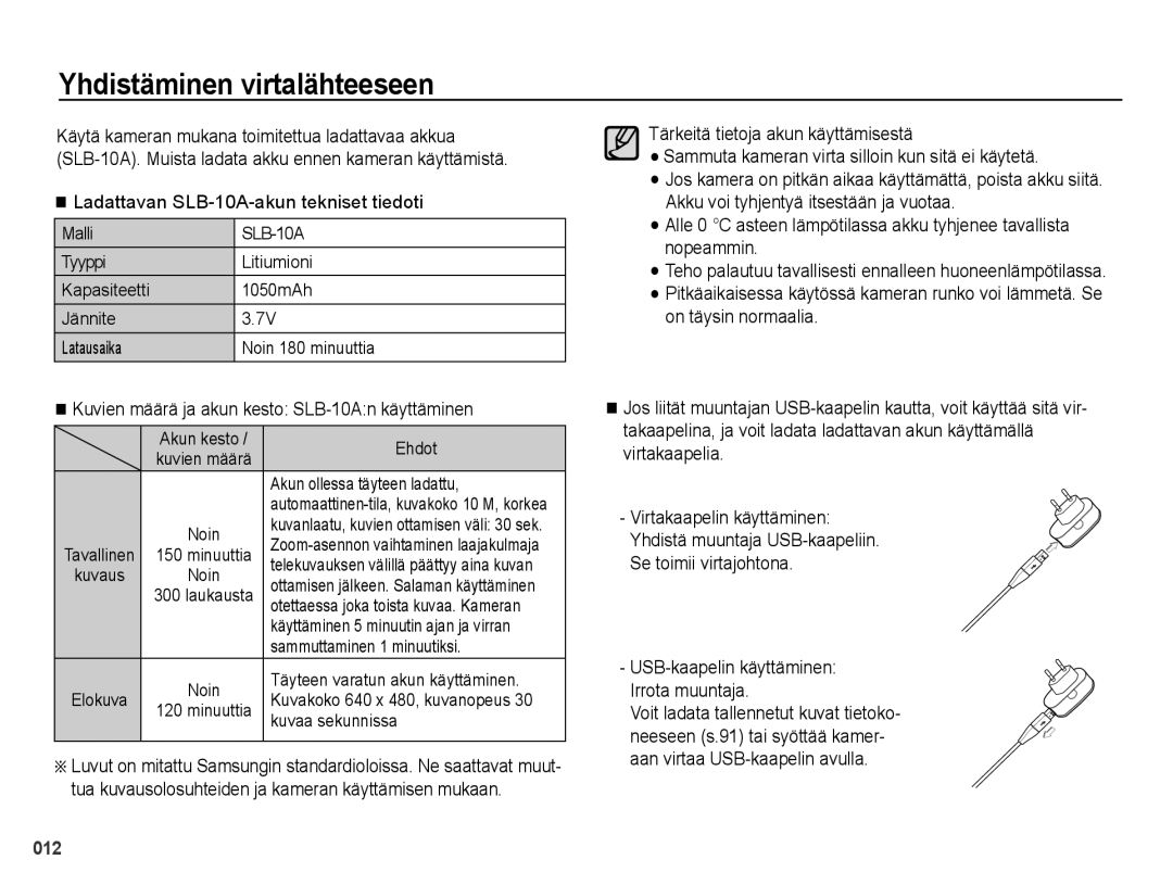 Samsung EC-PL51ZZBPNE2, EC-PL51ZZBPBE2 manual Yhdistäminen virtalähteeseen, Ladattavan SLB-10A-akun tekniset tiedoti 