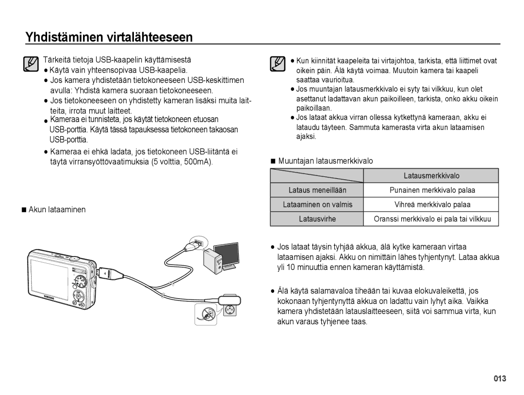 Samsung EC-PL51ZZBPRE2, EC-PL51ZZBPBE2, EC-PL51ZZBPNE2 manual Akun lataaminen, Muuntajan latausmerkkivalo, Latausmerkkivalo 