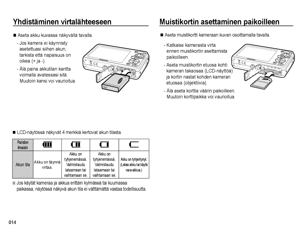 Samsung EC-PL51ZZBPAE2, EC-PL51ZZBPBE2 manual Muistikortin asettaminen paikoilleen, Aseta akku kuvassa näkyvällä tavalla 