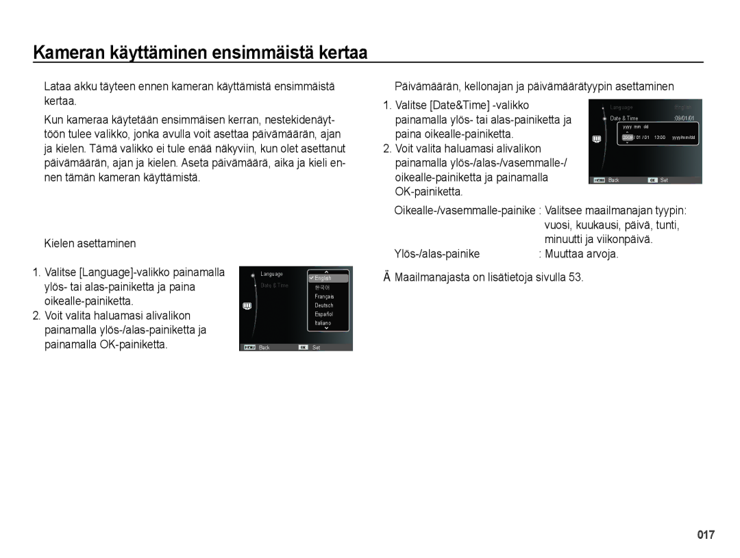 Samsung EC-PL51ZZBPRE2, EC-PL51ZZBPBE2 Kameran käyttäminen ensimmäistä kertaa, Kielen asettaminen, Minuutti ja viikonpäivä 