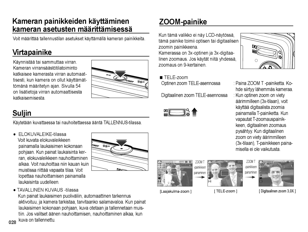 Samsung EC-PL51ZZBPNE2, EC-PL51ZZBPBE2, EC-PL51ZZBPRE2, EC-PL51ZZBPAE2 manual Virtapainike, Suljin, ZOOM-painike 