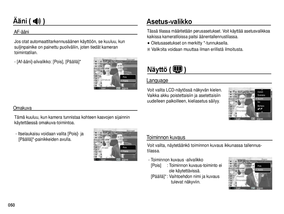 Samsung EC-PL51ZZBPAE2, EC-PL51ZZBPBE2, EC-PL51ZZBPNE2 manual Ääni , Asetus-valikko, Näyttö, Language, Toiminnon kuvaus 