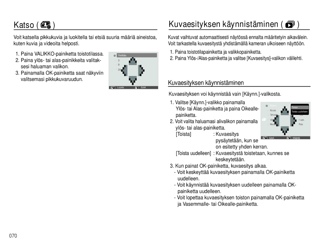 Samsung EC-PL51ZZBPAE2, EC-PL51ZZBPBE2, EC-PL51ZZBPNE2, EC-PL51ZZBPRE2 manual Katso, Kuvaesityksen käynnistäminen  