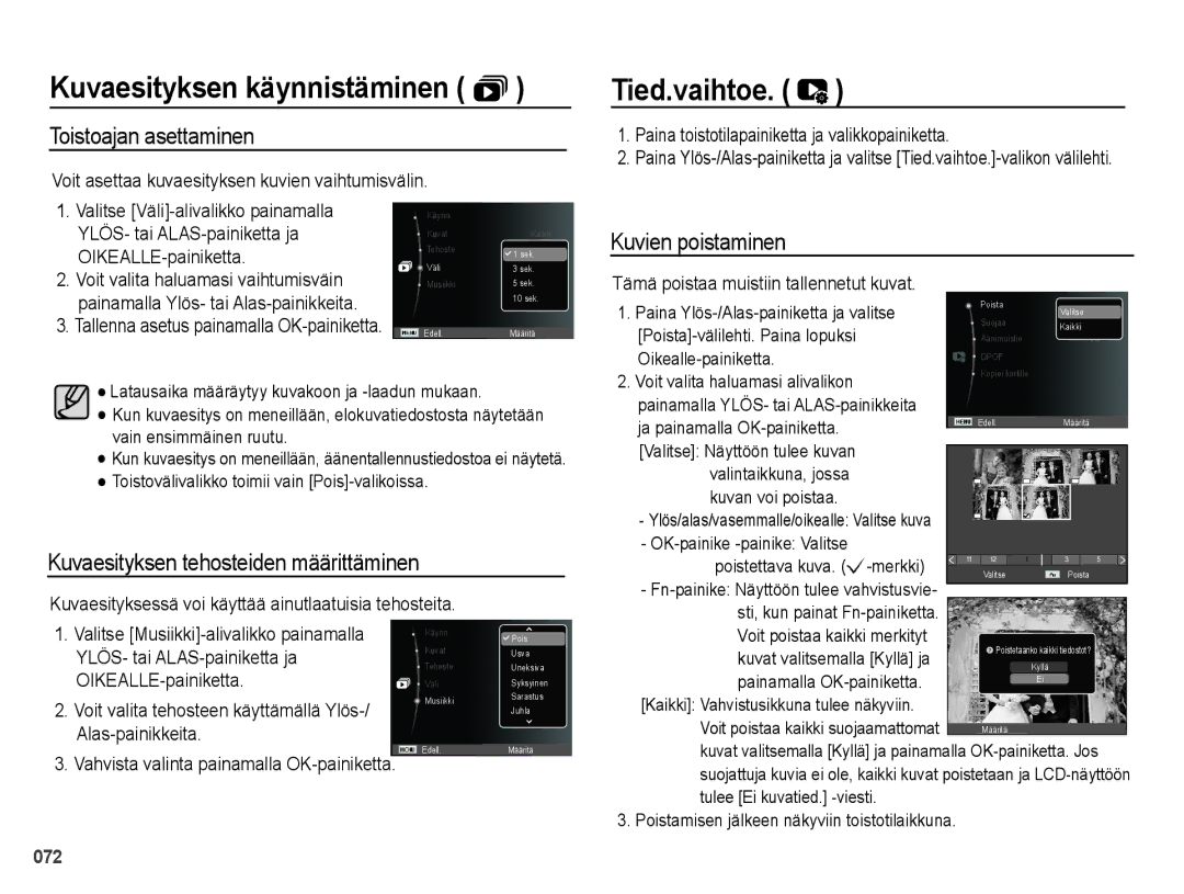 Samsung EC-PL51ZZBPNE2 Tied.vaihtoe, Toistoajan asettaminen, Kuvaesityksen tehosteiden määrittäminen, Kuvien poistaminen 