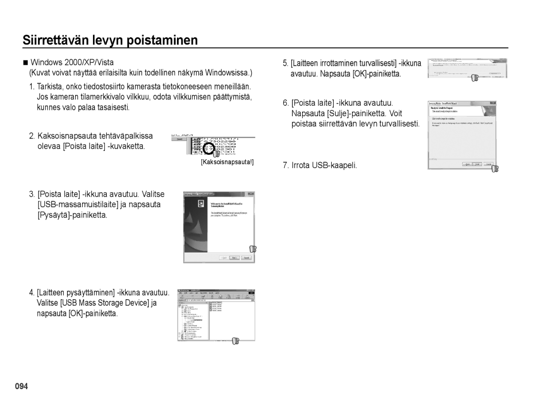 Samsung EC-PL51ZZBPAE2, EC-PL51ZZBPBE2 manual Siirrettävän levyn poistaminen, Windows 2000/XP/Vista, Irrota USB-kaapeli 