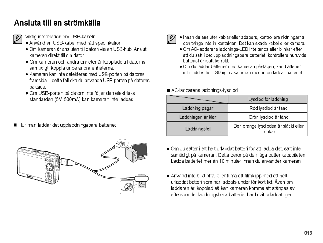 Samsung EC-PL51ZZBPRE2 Hur man laddar det uppladdningsbara batteriet, AC-laddarens laddnings-lysdiod, Lysdiod för laddning 