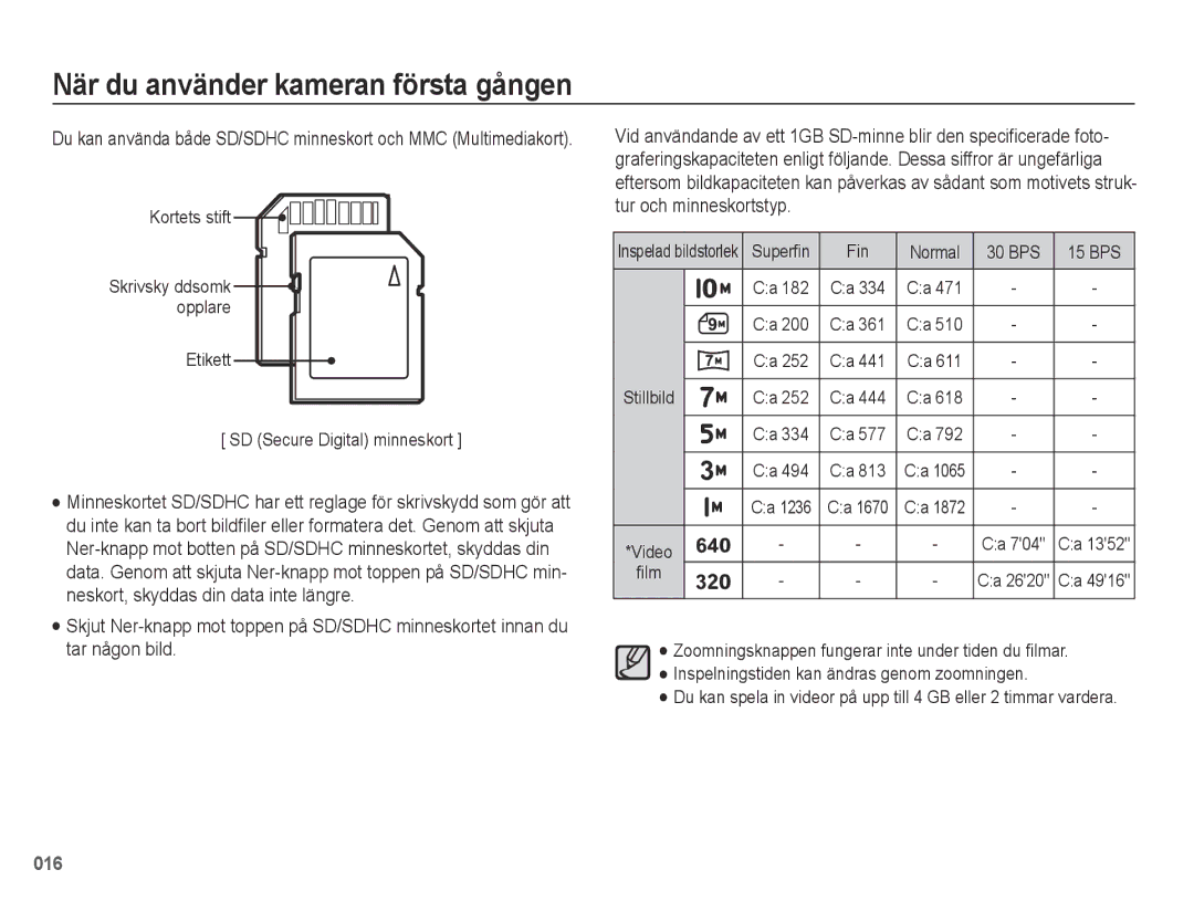 Samsung EC-PL51ZZBPNE2, EC-PL51ZZBPBE2, EC-PL51ZZBPRE2 manual Inspelad bildstorlek Superfin Fin Normal 30 BPS 15 BPS 