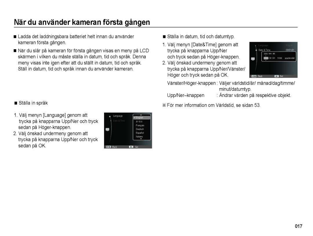 Samsung EC-PL51ZZBPRE2, EC-PL51ZZBPBE2 Ställa in datum, tid och datumtyp, Minut/datumtyp, Upp/Ner-knappen, Ställa in språk 