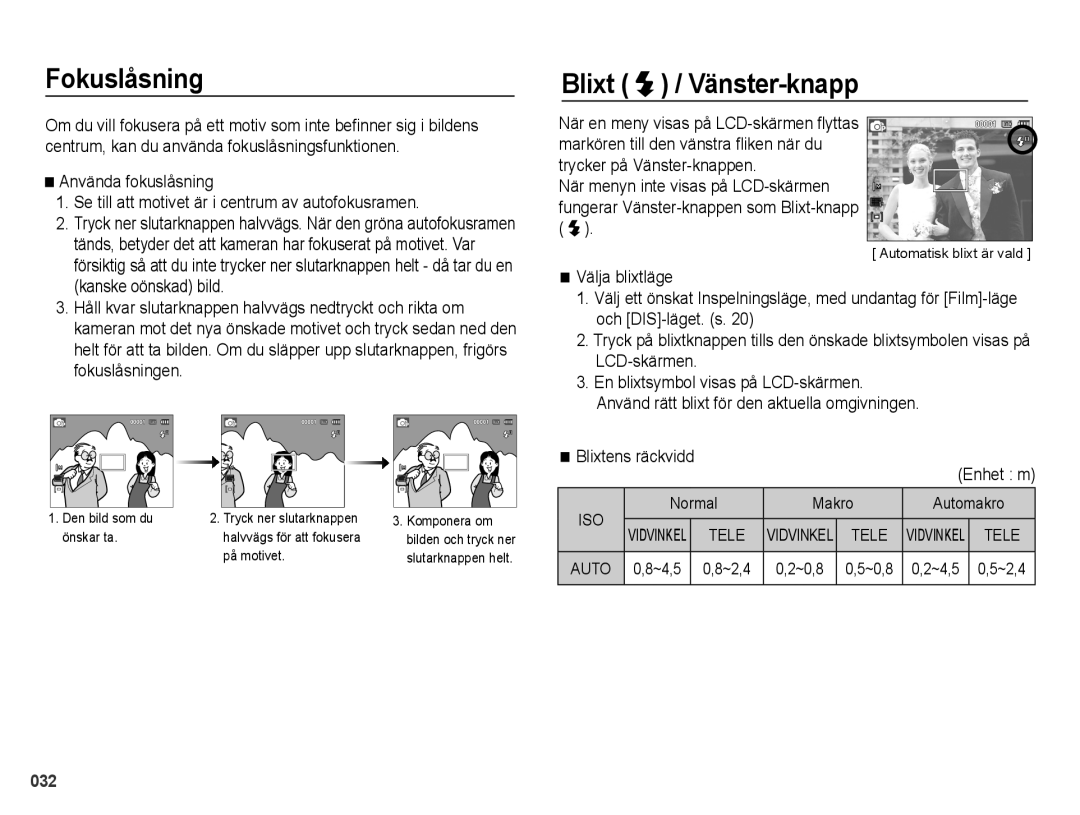 Samsung EC-PL51ZZBPNE2 manual Fokuslåsning, Blixt / Vänster-knapp, Blixtens räckvidd Enhet m, Normal Makro Automakro 