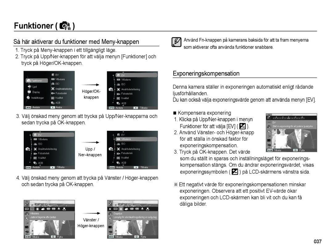 Samsung EC-PL51ZZBPRE2 manual Så här aktiverar du funktioner med Meny-knappen, Exponeringskompensation, Exponeringssymbolen 