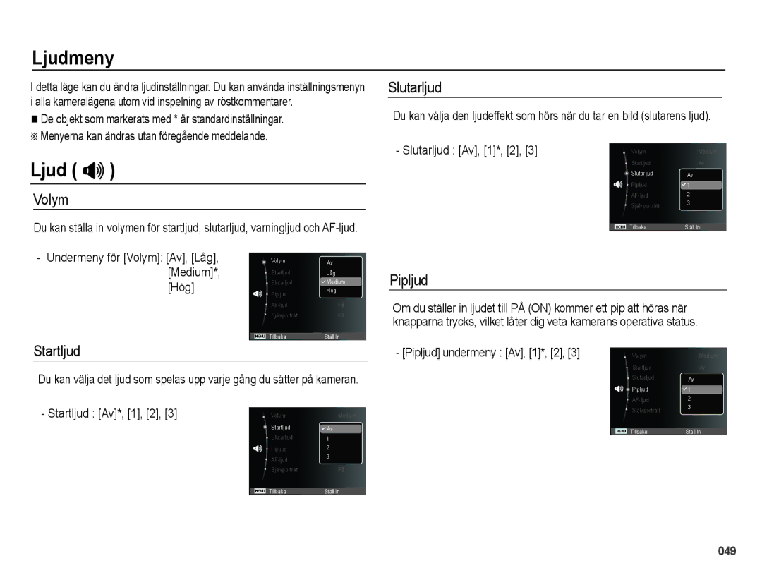 Samsung EC-PL51ZZBPRE2, EC-PL51ZZBPBE2, EC-PL51ZZBPNE2, EC-PL51ZZBPAE2 manual Ljudmeny, Ljud  